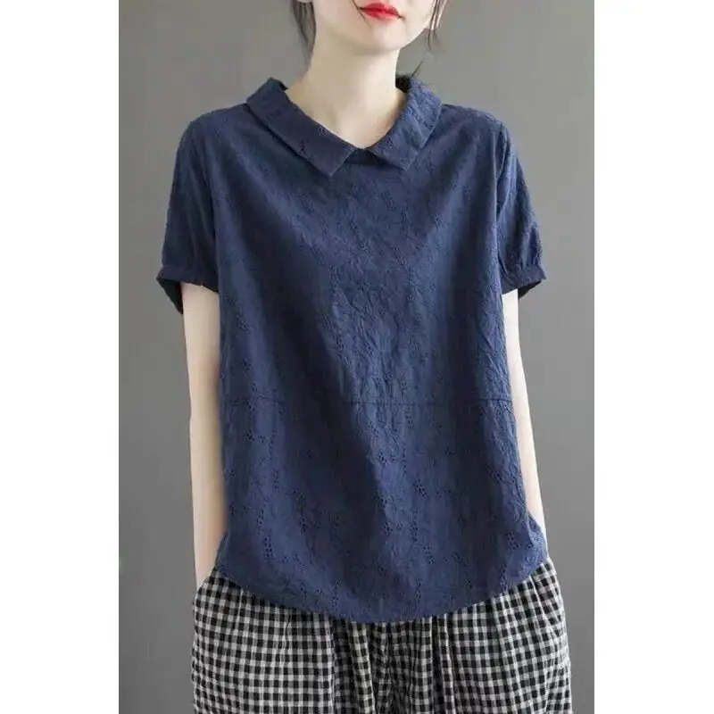 Cotton Linen T Shirts Women Doll Neck Casual Loose Short Sleeve T-shirt Fashion Solid Simple Hollow Top Summer Trend Thin Tshirt