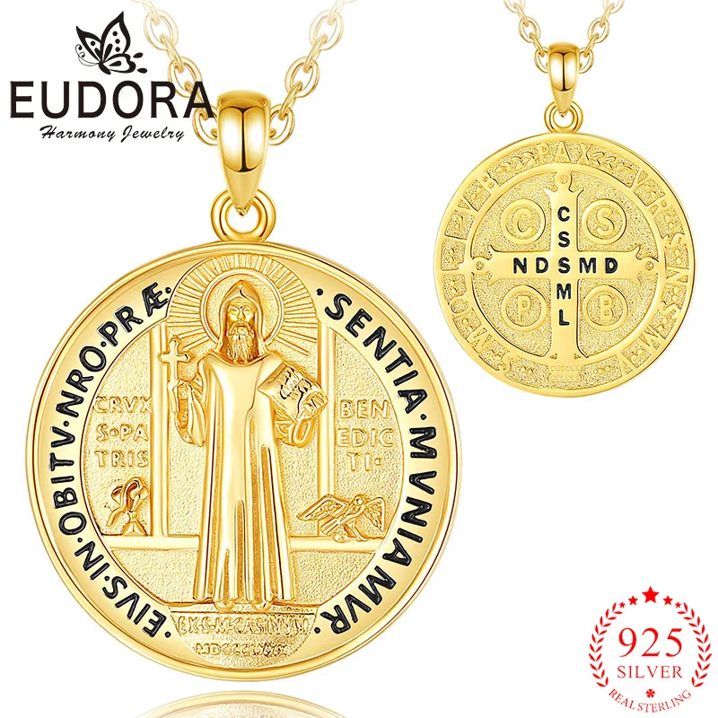 Eudora 925 Sterling Silver Saint Benedict Necklace 18k Gold San Benito Pendant Cross Amulet Religious Jewelry Gift For Men Women