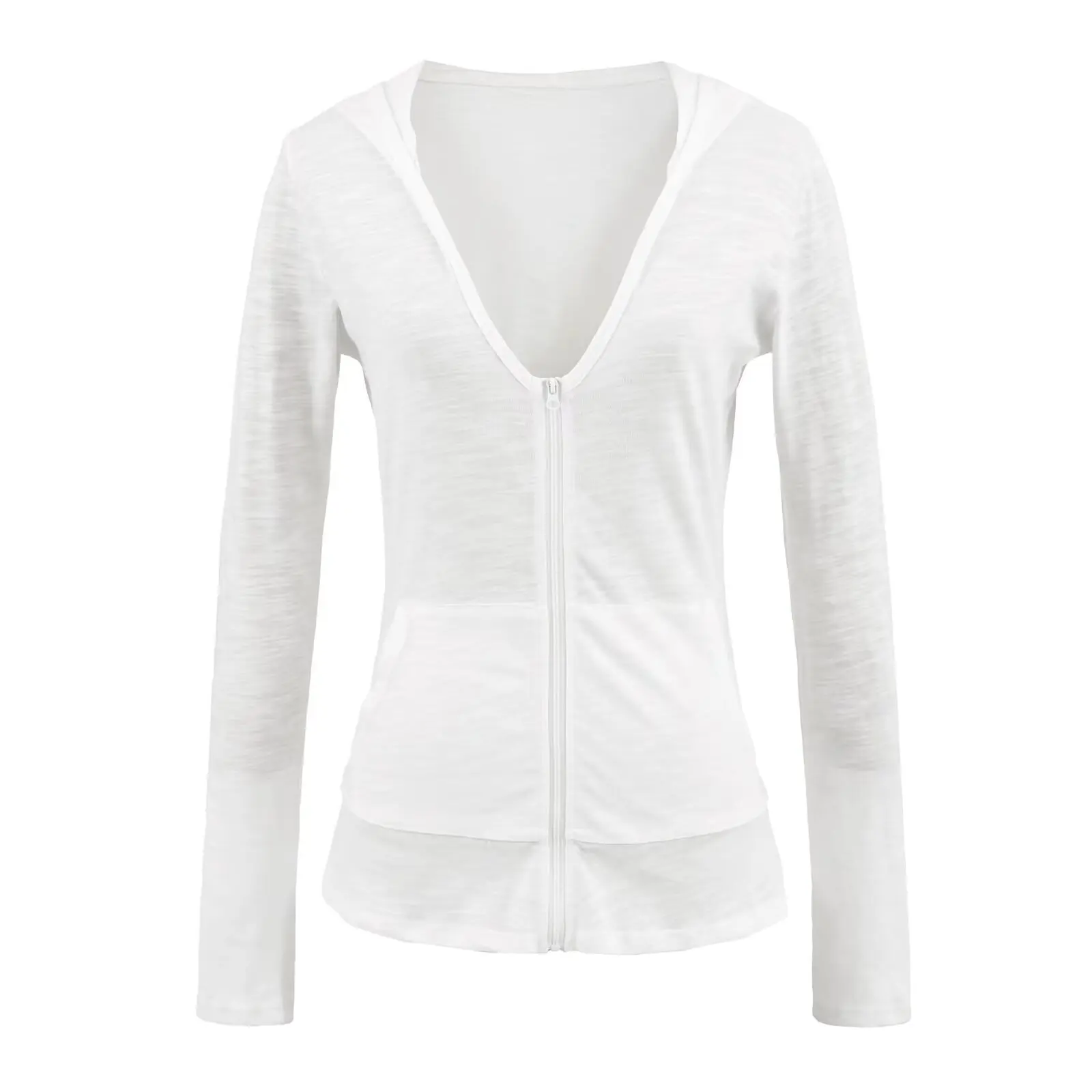 سترة نسائية خفيفة الوزن بغطاء للرأس بقصة ضيقة سترة نسائية أوائل الخريف شفافة برقبة على شكل حرف V وسحاب علوي