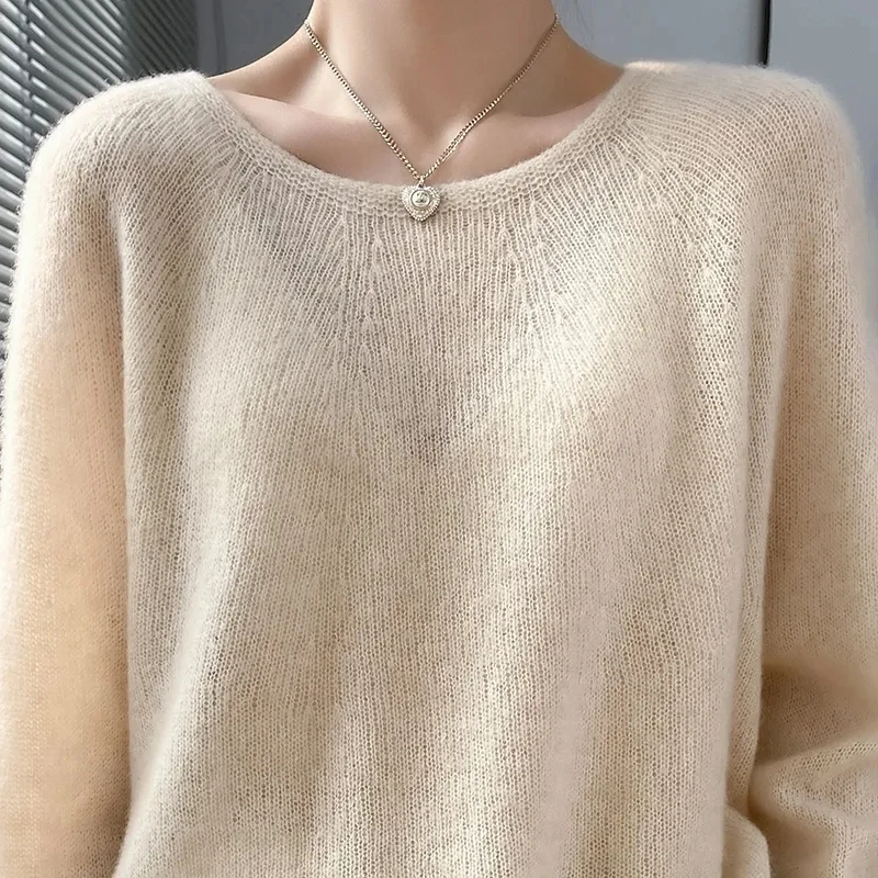 Camisola feminina de malha com gola em o, roupa feminina básica, pulôver monocromático, top fashion, inverno, 2023