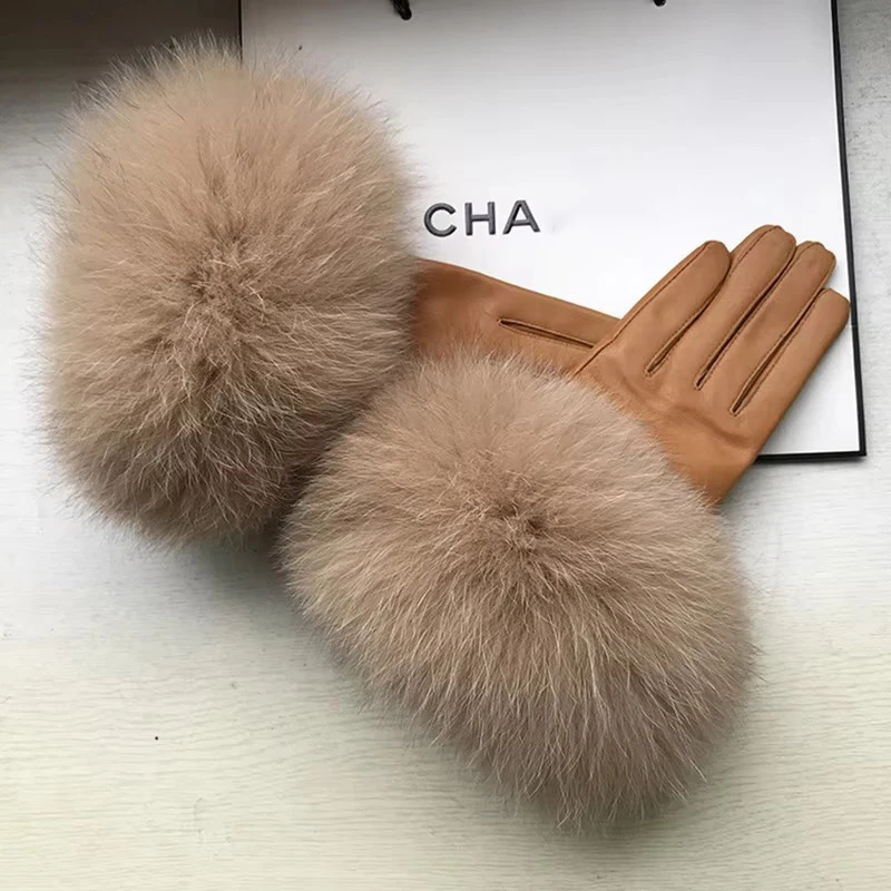 Chic Camel Color Real Big Fox Fur Women's Sheepskin Gloves Winter Plus Velvet Female Cycling Drive Warm Genuine Leather Gloves