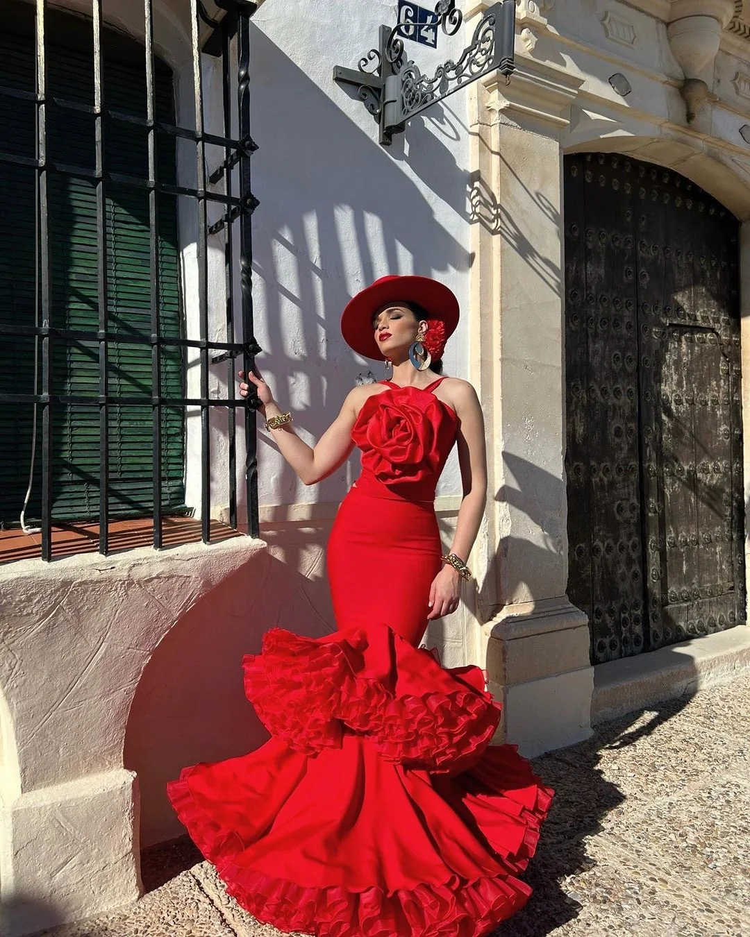 Spanish Red Mermaid Evening Dresses Wedding Party Gown with Big Ruffled 3D Flower Puffy Tiered Bottom Long Formal Occasion Dress