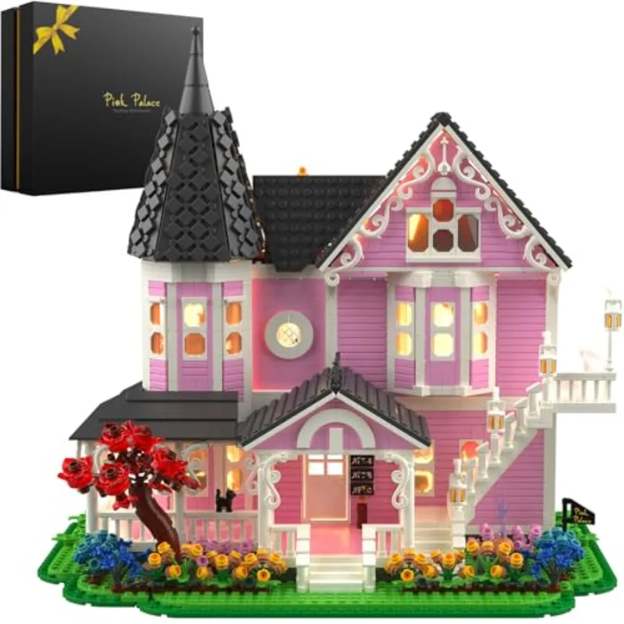 

Pink Palace House Building Kit: 2194-piece movie-inspired display model for adults, open-back interior rooms, pink plastic bric