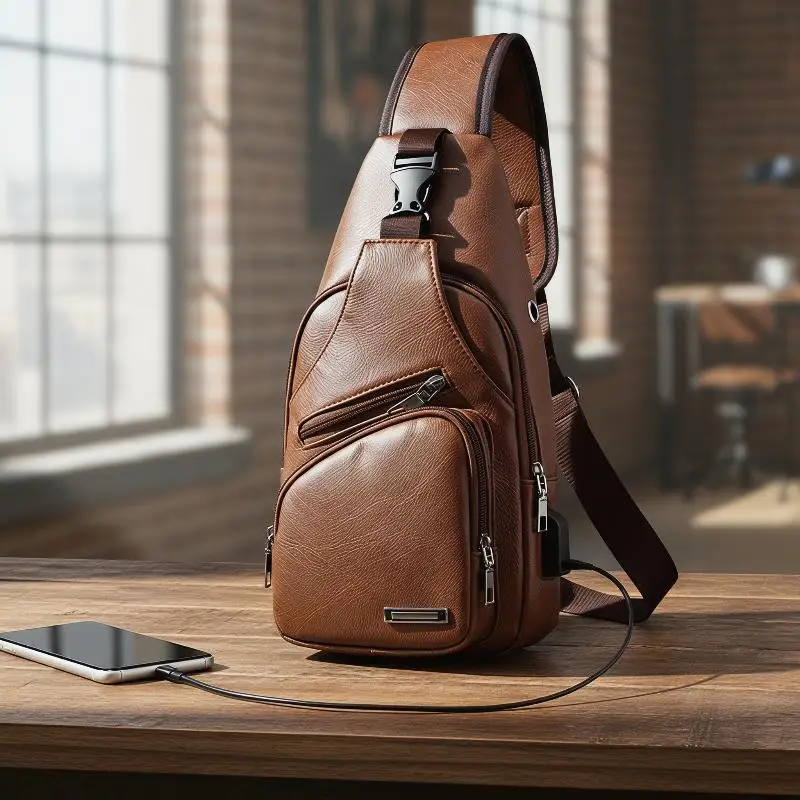 

Fashion Solid Color PU Men Chest Pack Multifunctional USB Charging Zipper Crossbody Bag for Daily Commuting