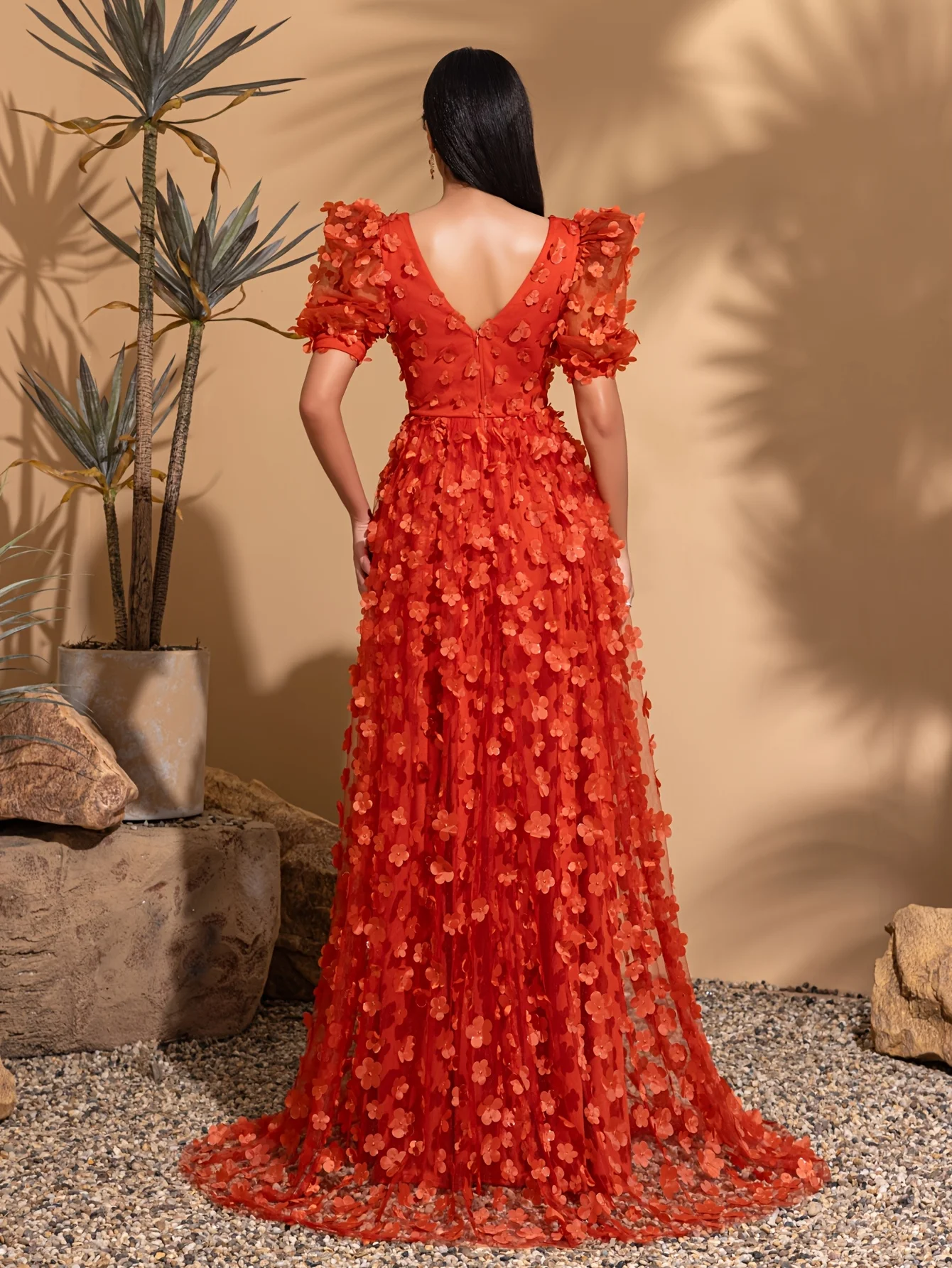 V-neck puff sleeve mesh applique wedding dress, party dress