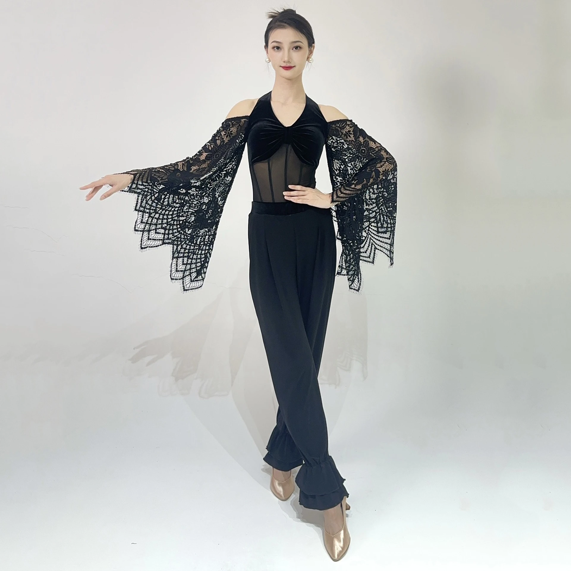 2026 dança de salão rendas queimado mangas topos feminino valsa dança desempenho traje baile social dança de salão roupas bl18314