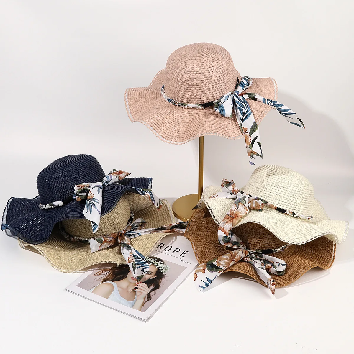 

New Arrivalelegancebows Straw Hat Women's Summer Sun Protection Hat Seaside Vacation Wavy Edge Beach Hat