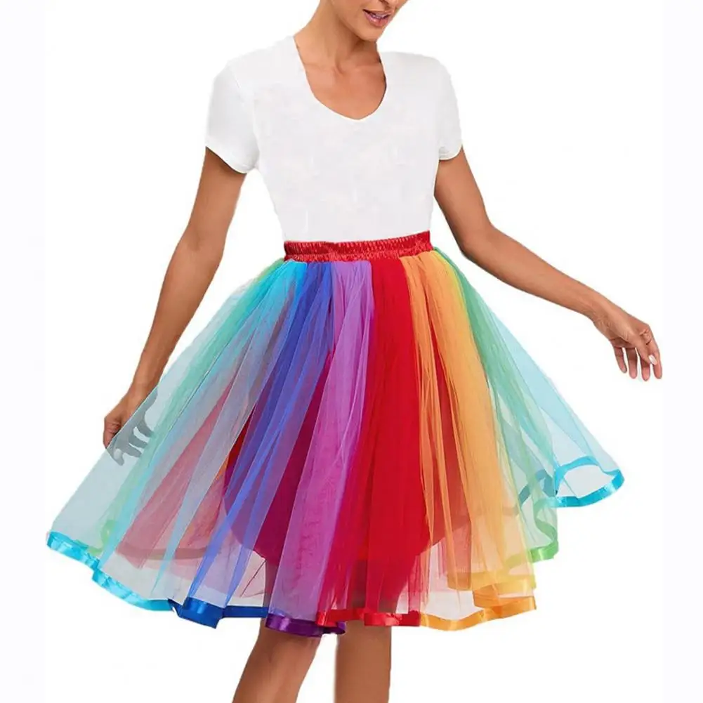 Elasticated Waist Skirt Colorful Rainbow Dance Skirt High-waisted Midi with Elastic Waistband Sweet Style Mid-calf for Women