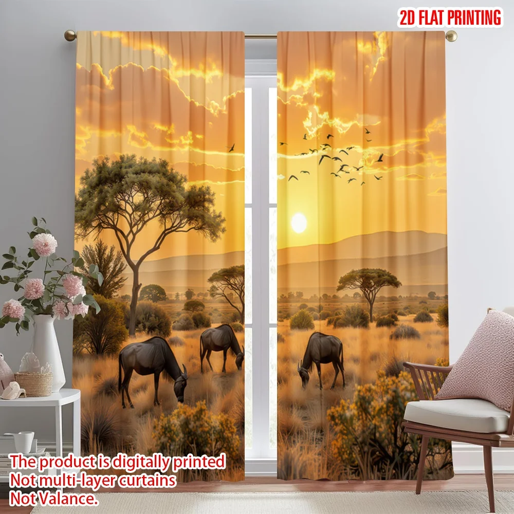

2D flat printing 2pcs Window Curtains Sunset African Safari Digital Printed Polyester Drapes Festive Wall Decor Perfect for