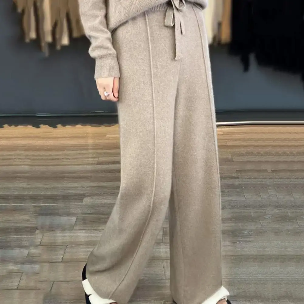 

Solid Color Wide-leg Trousers Women Drawstring Pants Cozy Wool Knit Wide Leg Pants with Drawstring High for Women for Winter