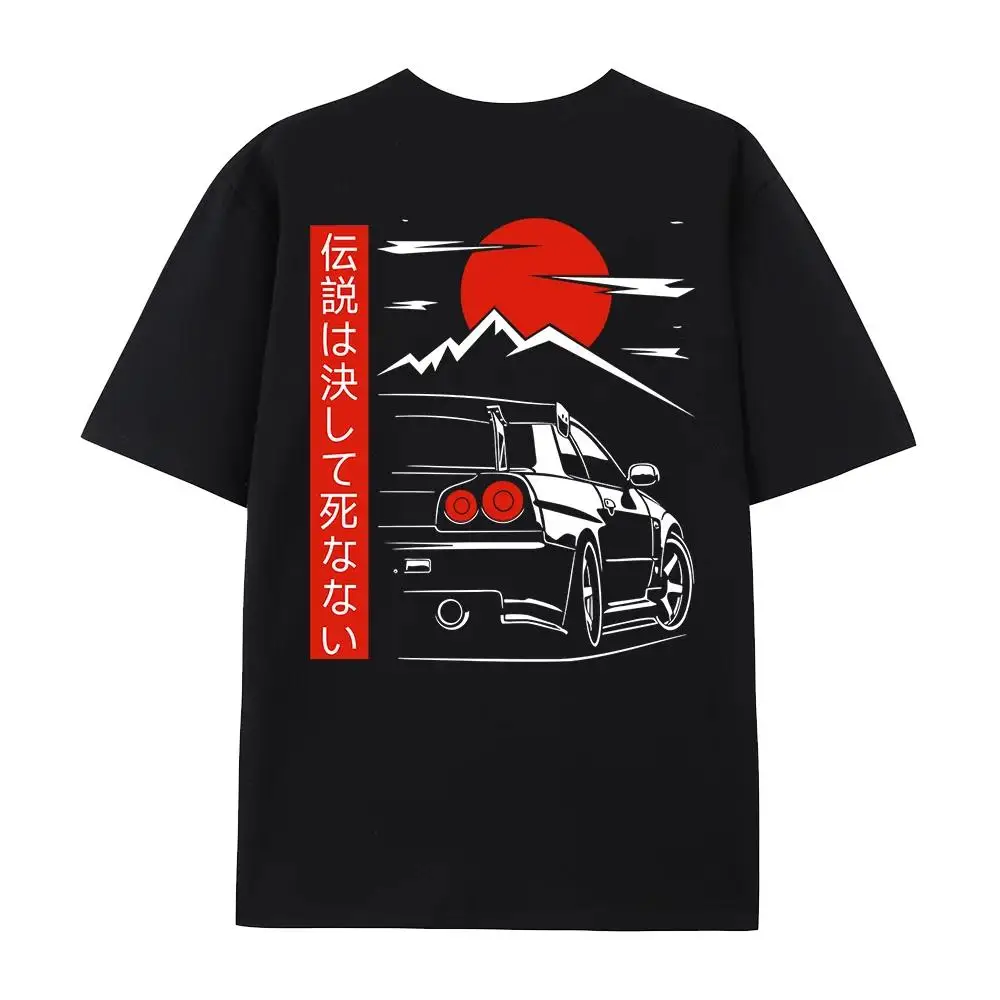 Japanese Style Car JDM Culture GTR R34 Racing T Shirts Men Back Print Street Wear Original Design Oversized 100% Cotton Tops Tee