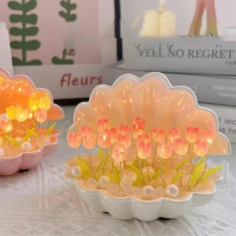 صدف بلاستيكي DIY وإضاءة ليلية توليب - ديكور متوهج مصنوع يدويًا لطاولة السرير