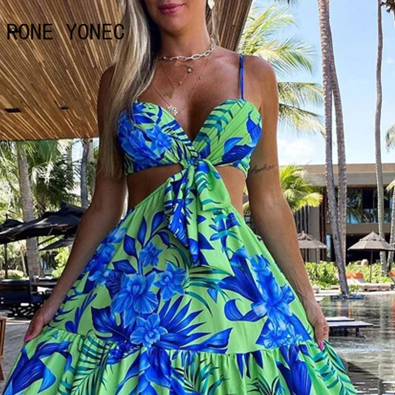 Women Elegant Sexy Spaghetti Straps All Over Print Midriff Maxi Vacation Beach Sexy Dresses