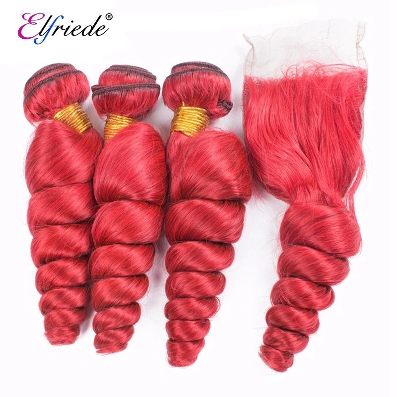 Elfriede #Red Loose Wave Hair Bundles with Closure Brazilian Remy Human Hair Weaves 3 Bundles with 4X4 Transparent Lace Closure