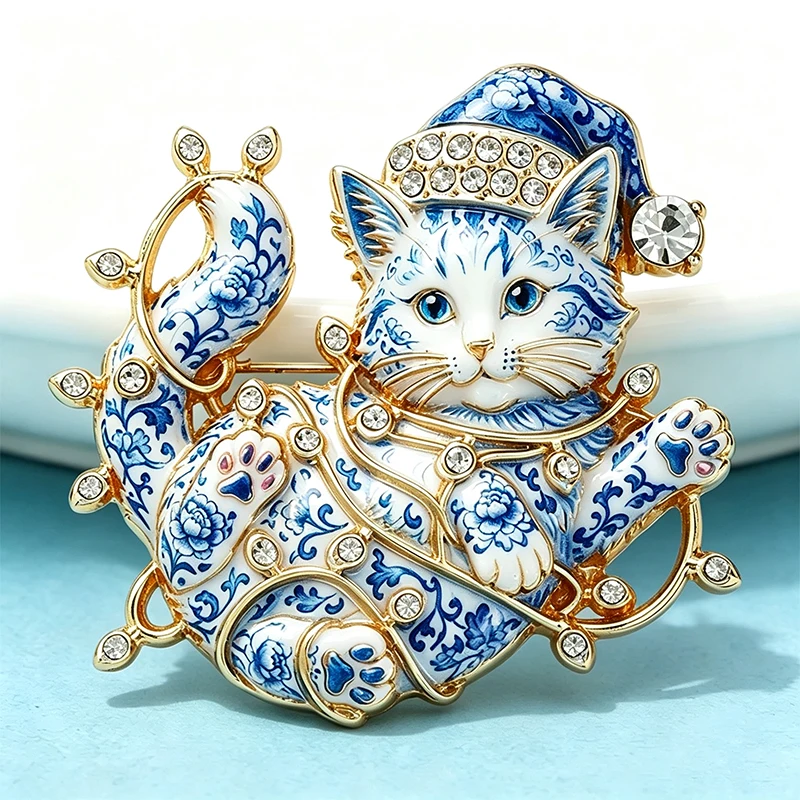 Wuli&baby Niedliche Weihnachts-Katzenbroschen für Frauen Unisex 2-farbige Strass-Broschen mit bunten Lichtern Kätzchen Neujahrsparty-Broschen – Detail 5