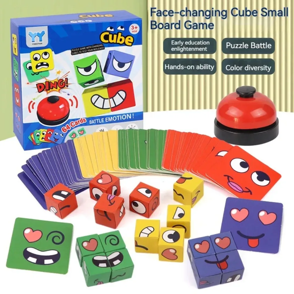 Wooden Face Changing Magic Cube Game, Expression Puzzle Building Blocks Pattern Matching Game, Educational Puzzles Toy for Kids