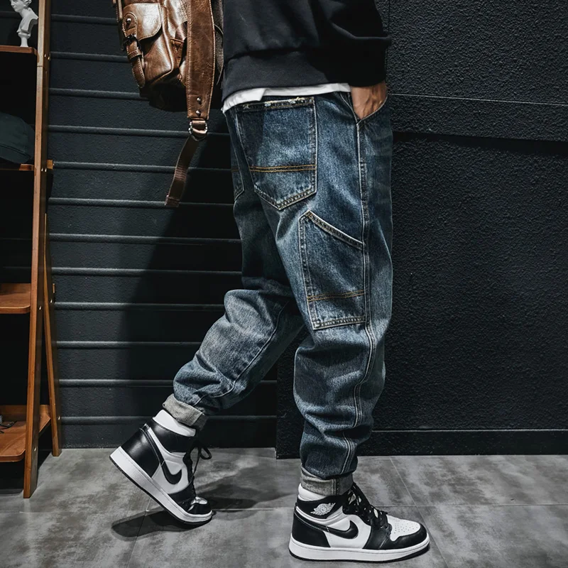 Fashion Streetwear Men Jeans Retro Blue Casual Denim Cargo Pants Hombre Multi Pockets Hip Hop Loose Jeans Men Wide Leg Trousers