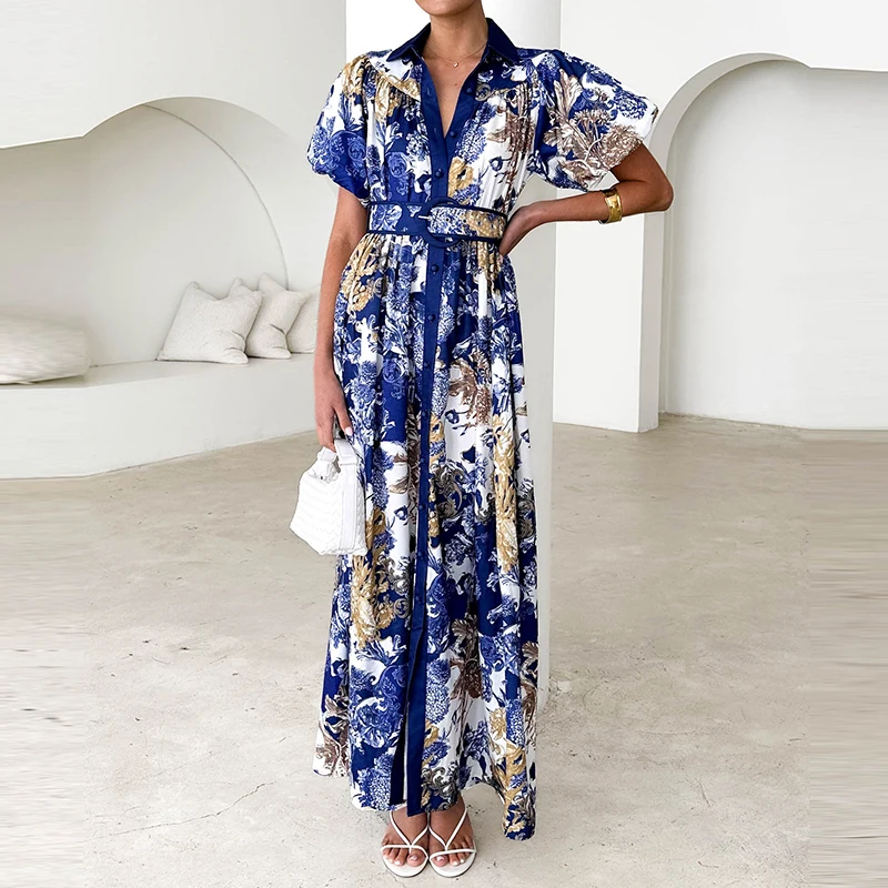 Casual Women's Lapel Shirt Dress Vintage Floral Print High Waist Long Dress Summer Single Breasted Short Sleeved Bohemian Dress