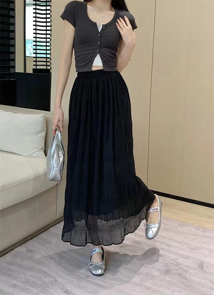 Miyake Pleated Solid Color Skirt Women Spring New Versatile Hand-pleated Stretch Korean Fashion Mid-length Pleated A-line Skirt