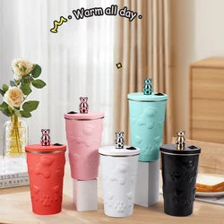 600ml Cute Bear 304 Stainless Steel Coffee Thermos Double Wall Vacuum Insulation with Straw Outdoor Water Bottle Car Cup