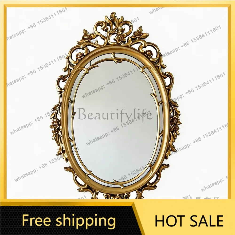 YJ French Retro Carved Oval Wall Mount Vanity Mirror Mid‑Century Unit For Hotel Bathroom Home Dressing Decor