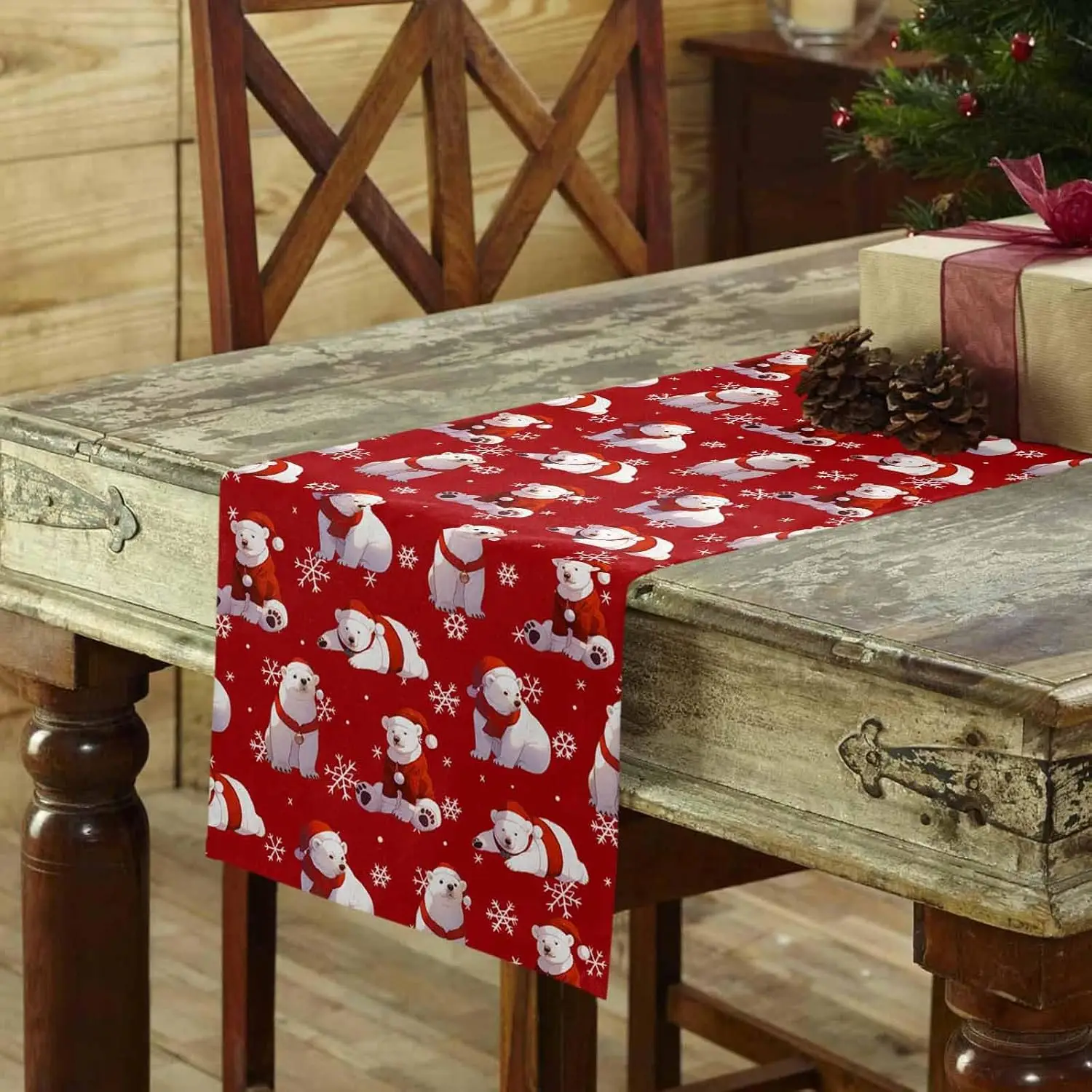 Merry Christmas Bear Snowflakes Linen Table Runner Holiday Party Decor Winter Kitchen Dining Table Runners Christmas Decorations