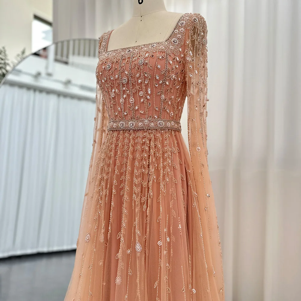 Sharon Said Luxury Pink Dubai Evening Dress for Women Wedding Square Neck Cap Sleeves Muslim Formal Party Gowns SS494 Customized