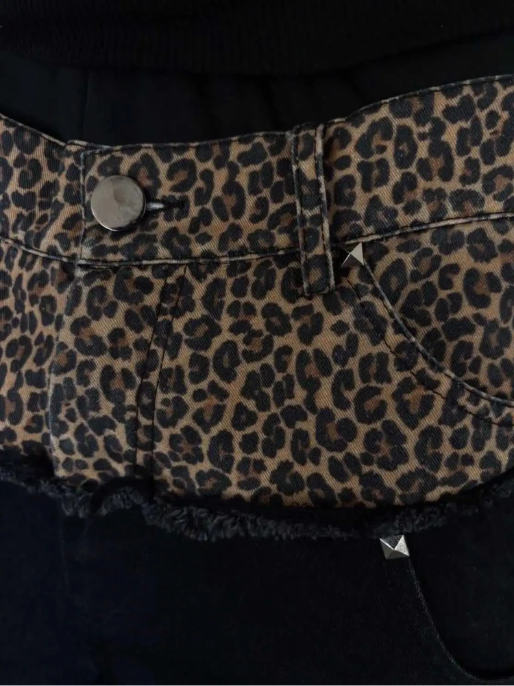 Work pants with torn holes patchwork washed and worn black pants autumn commuting clothing jeans leopard print wide leg pant