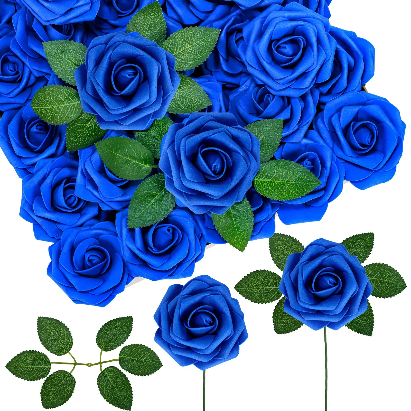 Artificial Flowers 25pcs Real Looking Navy Blue Foam Fake Roses with Stems for DIY Wedding Bouquets Bridal Shower Centerpieces