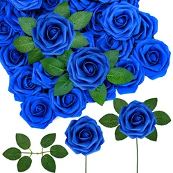 Artificial Flowers 25pcs Real Looking Navy Blue Foam Fake Roses with Stems for DIY Wedding Bouquets Bridal Shower Centerpieces