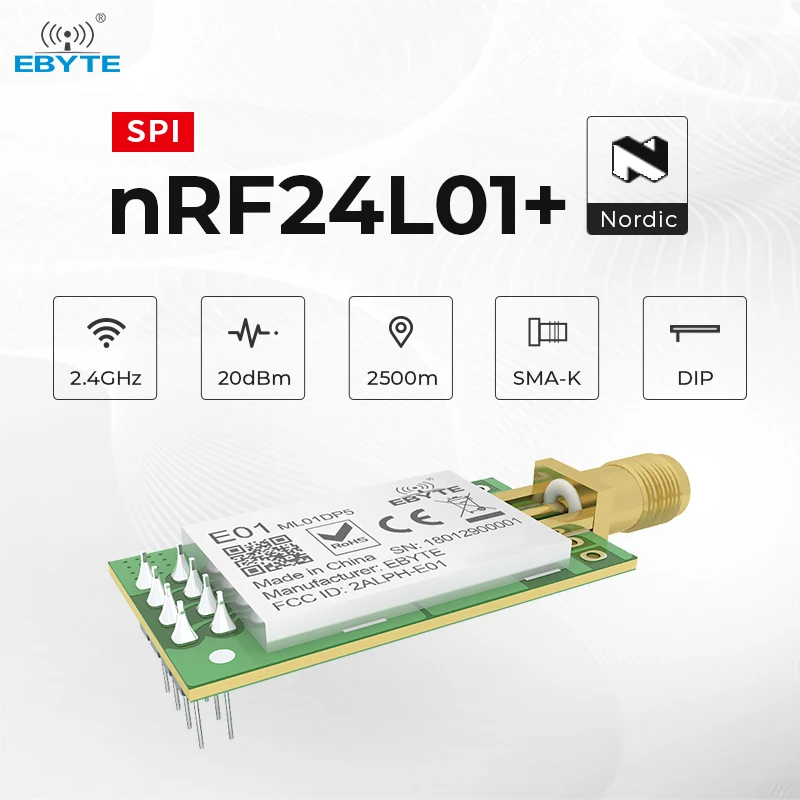 NRF24L01P 2.4GHz PA LNA 20dBm Módulo Sem Fio Antena SPI SMA-K Transceptor Receptor Tansmitter EBYTE E01-ML01DP5