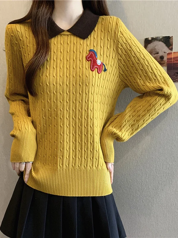 

Шикарный вязаный свитер с витым цветочным узором и вышитым воротником большого размера, осенне-зимняя мода для женщин