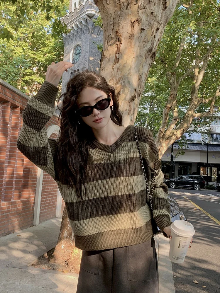 

Женский повседневный вязаный джемпер Whysocold Faion в полоску с V-образным вырезом и длинными рукавами для осени и зимы