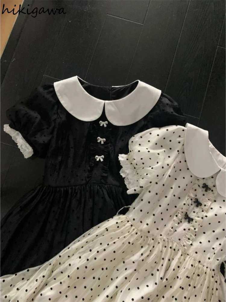 2024 Vestidos De Mujer Dresses for Women Peter Pan Collar Sweet Summer Robe Femme Slim Waist Polka Dot Vintage Cute Dress 27w527