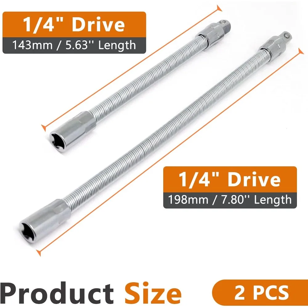 2Pcs 1/4" Flexible Extension Bar Set, 6" & 8" - Strong Alloy Steel, Bendable Socket Driver for Tight Spaces view 2