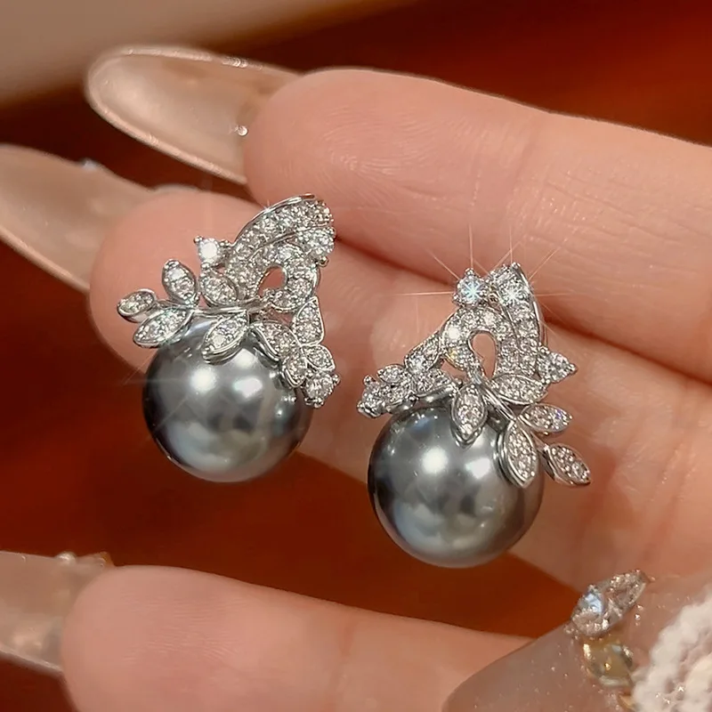 Elegant Grey Pearl Jewelry Leaf Design Necklace Earrings with Sparkling CZ Zircon Women's Fashion Accessories Party Daily Wear