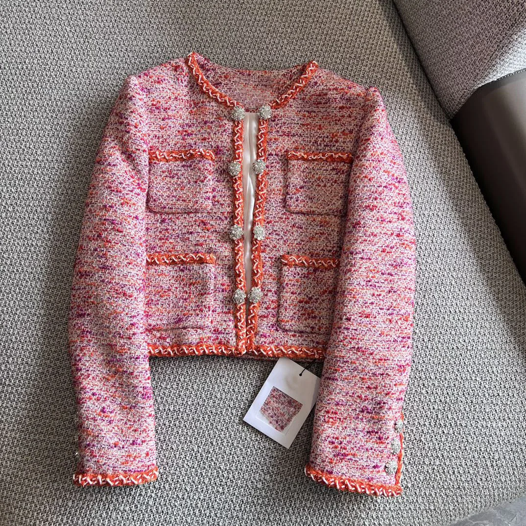 

2024 Spring Autumn New Women High Quality Pink Tweed Casual Jacket Female Chic Coat Pink Overcoat