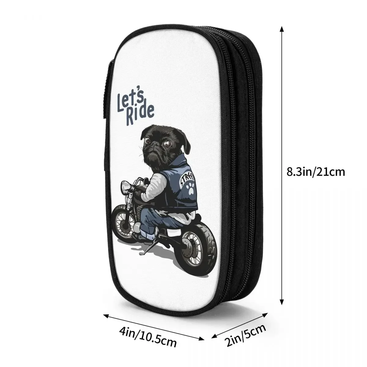 Let's Ride Motorcycle Big Bike Black Pug Dog Pencil Cases Big Capacity Pen Bags Pen Box Pencil Pouch For Boys Girls Students