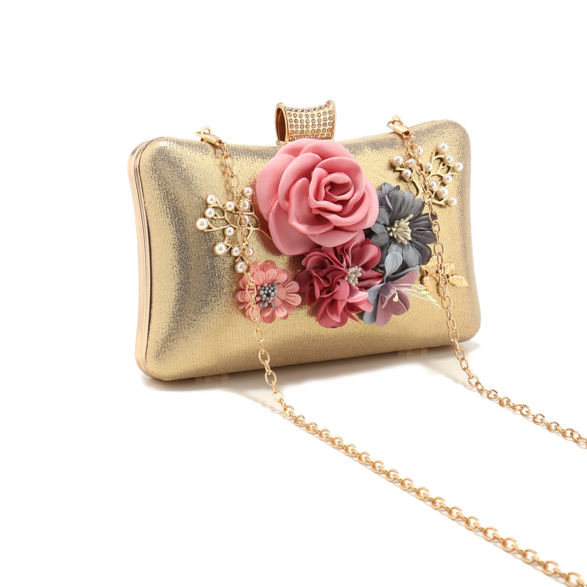 Flower Women Evening Bags Glitter Handbags Pearl Clutch Diamonds Metal Golden Purse Gift Best Girl Purse