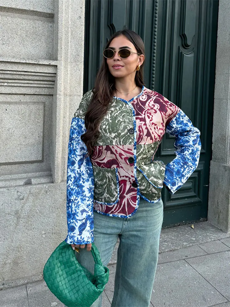 Abrigo Vintage de algodón con estampado de retazos en contraste para mujer, chaqueta elegante de manga larga con cuello redondo y botonadura única, ropa de calle para mujer, novedad