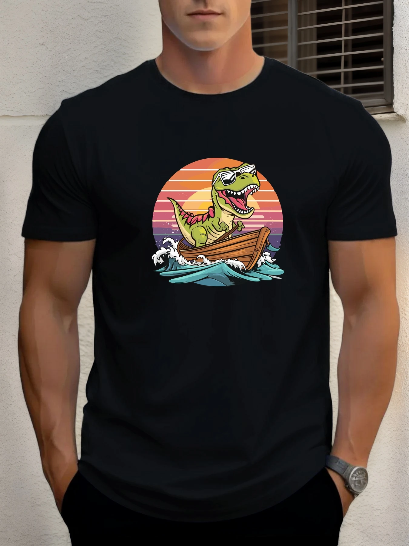

T Shirt For Men Boating Dinosaur 100% Cotton Graphic Printing Summer Round Neck T-Shirt Casual Breathable Street Style Daily Top