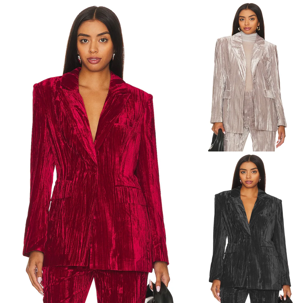

Элегантный бархатный женский пиджак, модный однотонный пиджак с лацканами и воротником на пуговицах, с длинными рукавами, топы с карманами, офисная женская куртка