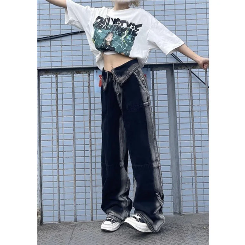 

Американские джинсы-скинни свободного кроя в стиле High Street для женщин, летние, новая модель, с отворотами, универсальные, широкие, длинные.