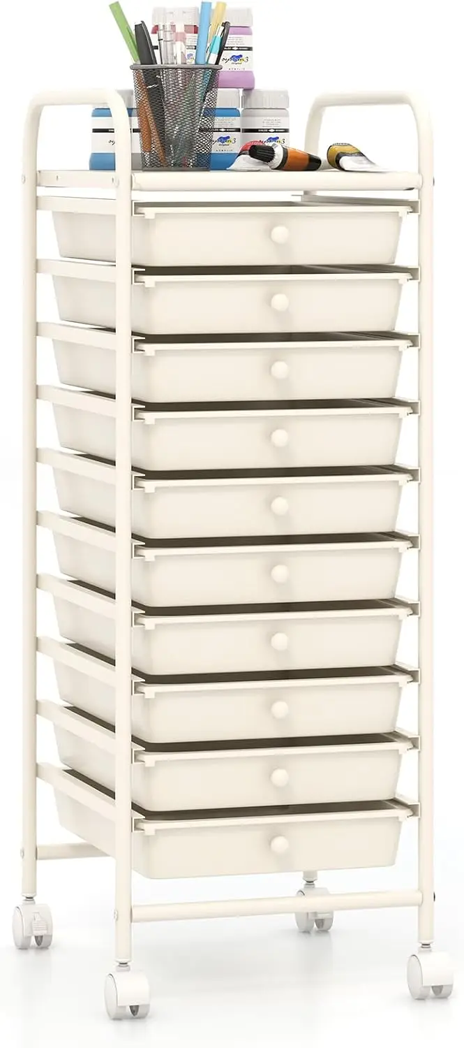 Giantex 10-Drawer Storage Cart W/Universal Wheel, Rolling Cart W/Handle, Home Organizer Storage Unit W/Removable Drawers, Trolley Utility Cart for Kitchen Makeup Living Room Office Play Room, Ivory