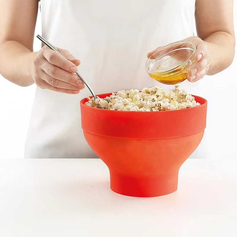 Cuenco de palomitas de maíz para microondas, cubo de silicona para hacer palomitas de maíz rojas con tapa, herramientas simples de cocina plegables de alta calidad