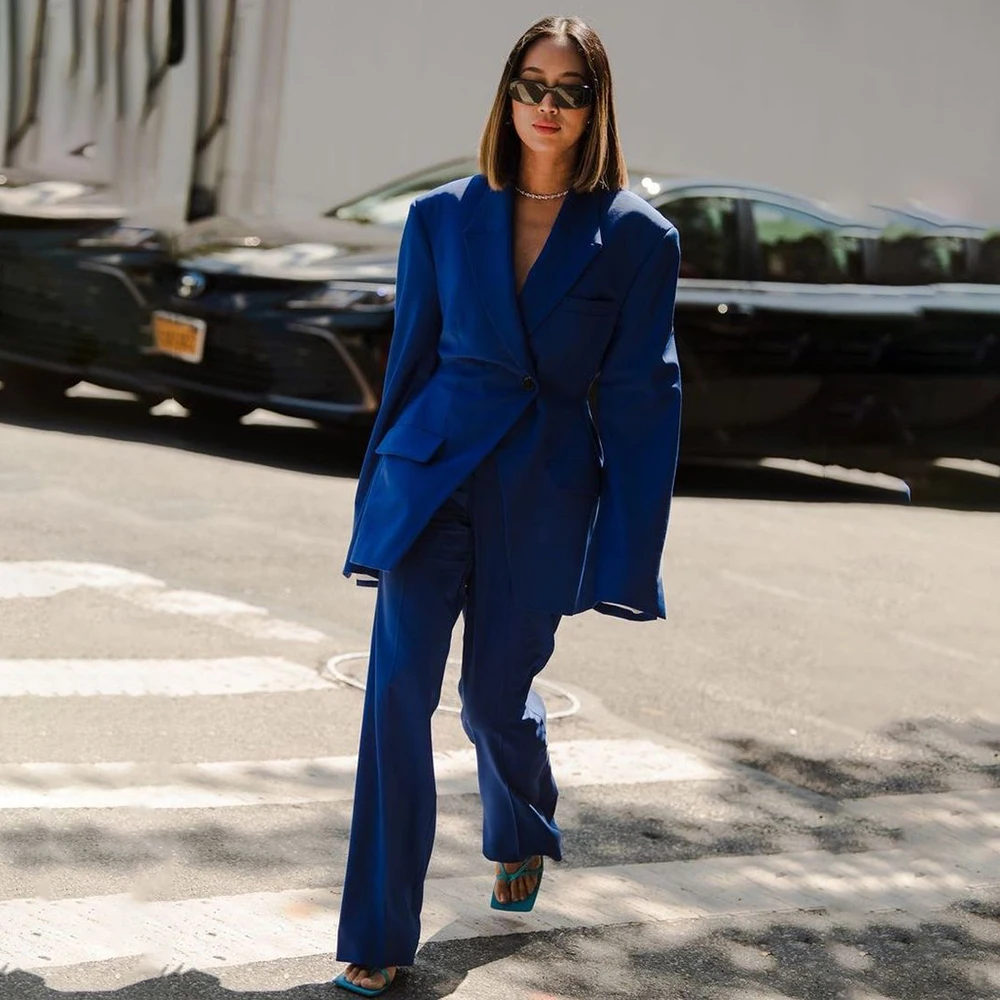 

Shinny Royal Blue Women's Suits Blazer Formal Slim 2 Piece Jacket Pants Customzied Female Clothing Fashion Outfits Costume