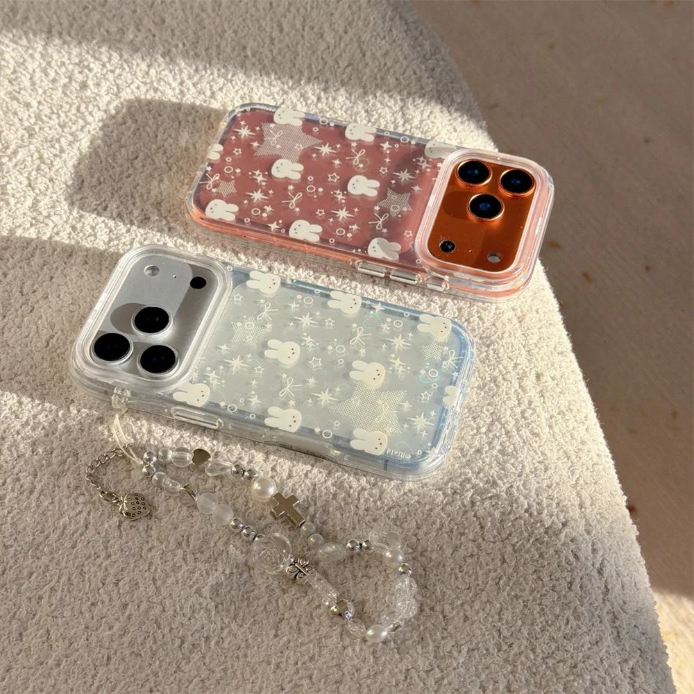 귀여운 별 리본 사랑 토끼 휴대폰 케이스 아이폰 13 14 15 16 17 프로 맥스용 힌지 포함 한국 INS 만화 충격 방지 케이스