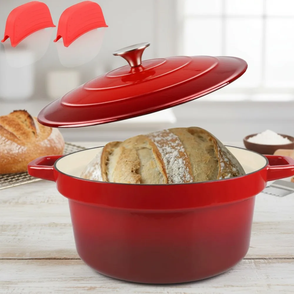 

7QT Эмалированная чугунная голландская кастрюля с крышкой, керамическое покрытие с антипригарным покрытием для выпечки хлеба и медленного приготовления пищи, безопасная в духовке