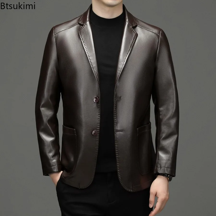 New Autumn Winter Men Leather Blazers Fashion Slim PU Leather Coats Quality Male Business Casual Sheepskin Leather Suit Jackets