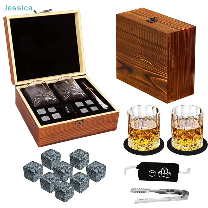 ♥ Whisky-Geschenkset aus Holz – 2 Kristallgläser + 8 Granit-Eiswürfel + Zange und Aufbewahrungsbox für Bourbon, ( ideales Geschenk für Männer)